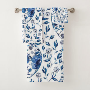 Conjunto De Toalhas Estilo Floral de Chinoiserie Azul e Branco, pintad