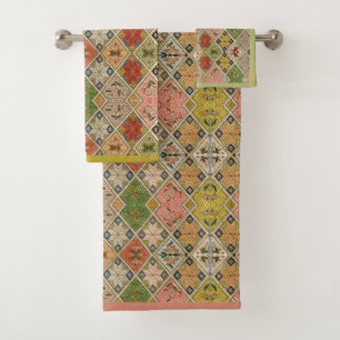 Conjunto De Toalhas Estilo Quilado Padrão de Vintage Diamond Rosa Verd