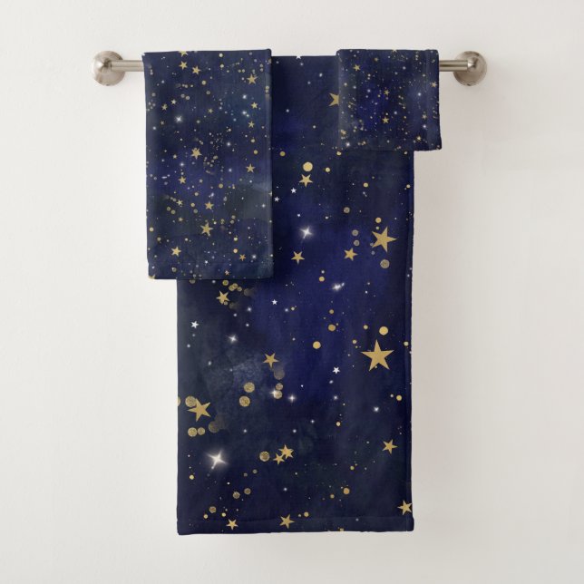 Conjunto De Toalhas Estrelas Célestiais Azuis e Douradas Aquarela (Insitu)
