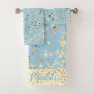 Conjunto De Toalhas Estrelas Douradas e divertidas em Azul Personaliza
