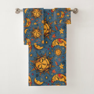 Conjunto De Toalhas Estrilizada Mão Desenhada Boho Sol Lua Estende Azu