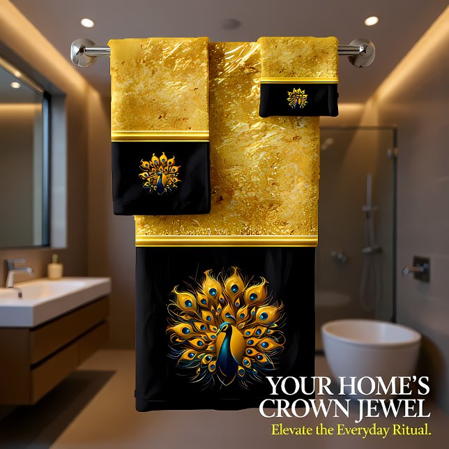 Conjunto De Toalhas Exibição De Peacock Maiúscula Azul E Dourada (Criador carregado)