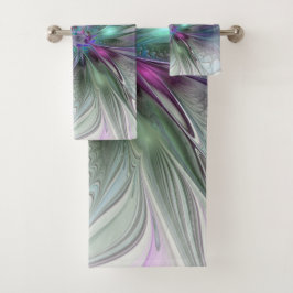 Conjunto De Toalhas Fantasia Abstrata Moderna Colorida Floral Fractal