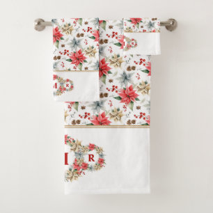 Conjunto De Toalhas Farmhouse Poinsettia Rustic Natal Monogramas