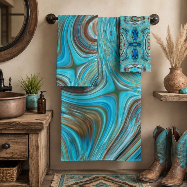 Conjunto De Toalhas fazenda azul turquesa redemoinhos de madeira (farmhouse teal blue Woodgrain turquoise swirls Bath Towel Set)
