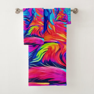 Conjunto De Toalhas Felino Luminoso: Neon Gato Colorido