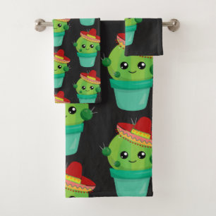 Conjunto De Toalhas Feliz Cactus Verde num Padrão Sombrero Vermelho