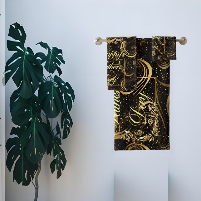 Conjunto De Toalhas Feliz Dia de os pais Moderno da Caligrafia (Happy Fathers Day Modern Calligraphy Leafy Swirls Bath Towel Set)