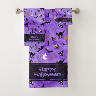 Conjunto De Toalhas Feliz Halloween Raleatório Padrão Ícnico Roxo