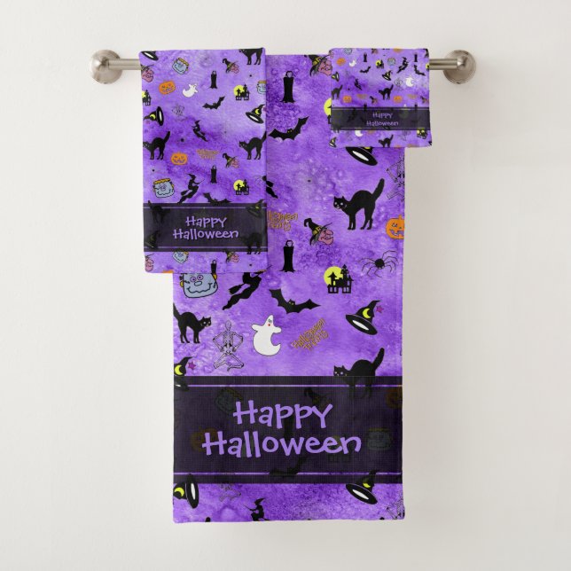 Conjunto De Toalhas Feliz Halloween Raleatório Padrão Ícnico Roxo  (Insitu)