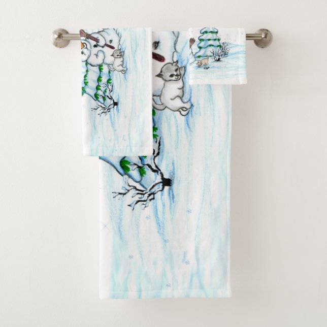 Conjunto De Toalhas Feliz Natal! Neve com Cat e Puppy (Insitu)