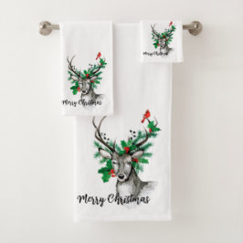 Conjunto De Toalhas Feliz Natal Reindeer Foliage e Cardeal