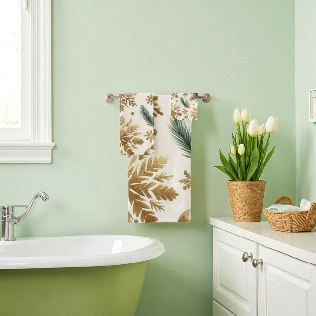 Conjunto De Toalhas Feriado Floral Dourado de Neve Verde Vermelho (Criador carregado)