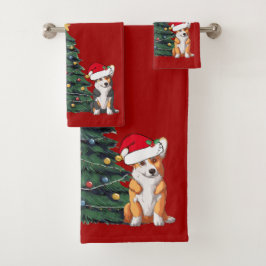 Conjunto De Toalhas Feriado Vermelho Cute da Árvore de Natal Corgi