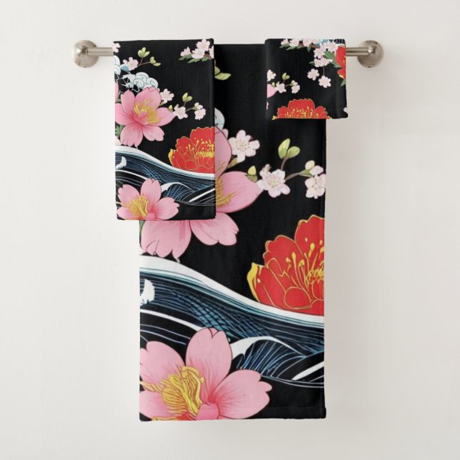 Conjunto De Toalhas Festa Japão Flores Sakura Seigaiha Moderna Retro (Insitu)