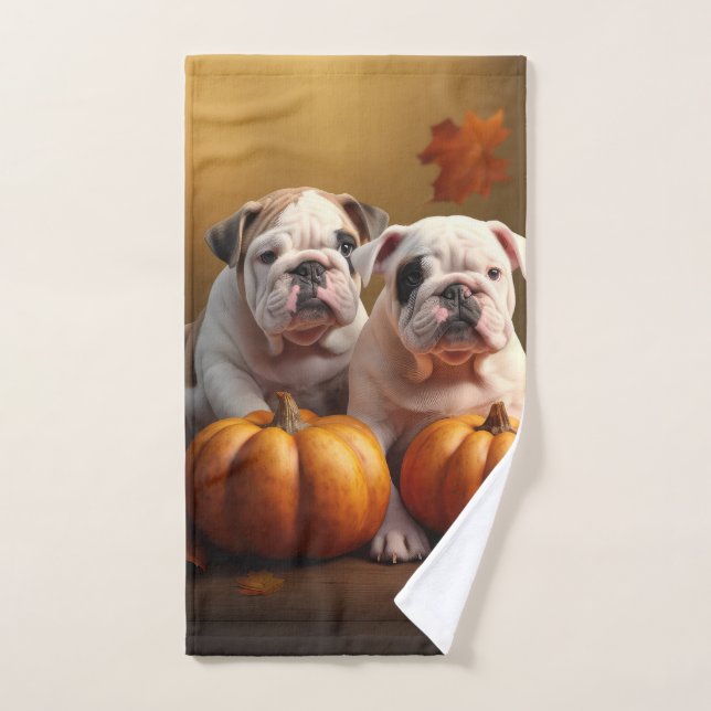 Conjunto De Toalhas Filhote de Bulldog Outono Prazer Abóbora (Toalha de mão)