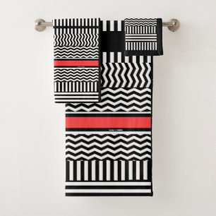 CONJUNTO DE TOALHAS FITAS DE CHEVRON BRANCAS PRETAS + BANDA VERMELHA