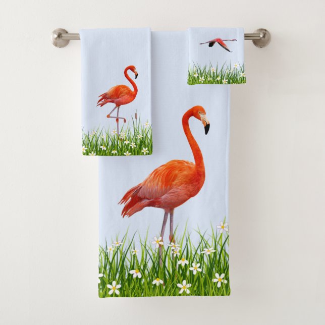 Conjunto De Toalhas Flamingo e Prado Rosa com Flores em Azul Claro (Insitu)
