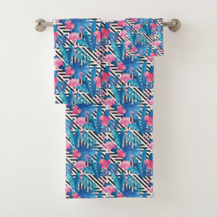 Conjunto De Toalhas Flamingo & palmas no teste padrão geométrico