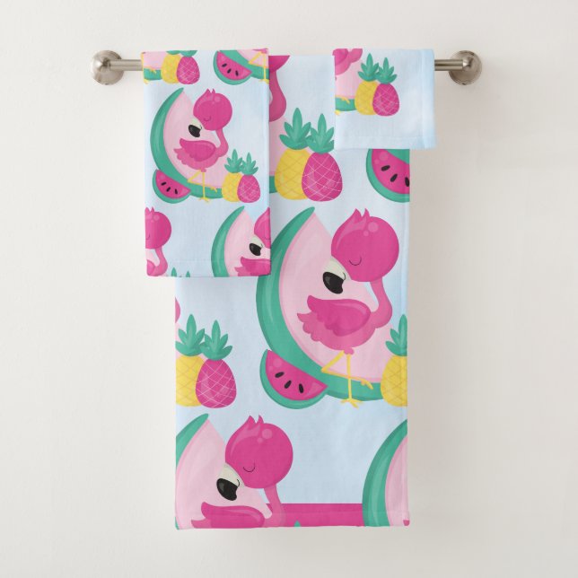Conjunto De Toalhas Flamingo rosa com padrão Fruta tropical (Insitu)