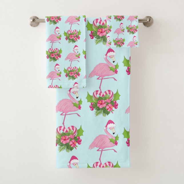 Conjunto De Toalhas Flamingo rosa em Santa Hat com Buquê de Cané Adorm (Insitu)