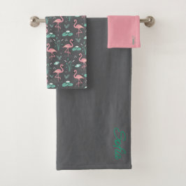 Conjunto De Toalhas Flamingo Rosa padrão cinza e turquesa fofo