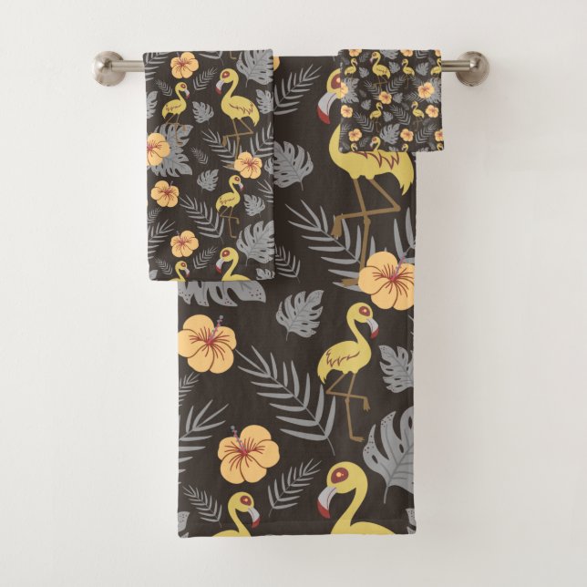 Conjunto De Toalhas Flamingo sem costura, com flores e folhas (Insitu)