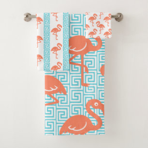 Conjunto De Toalhas Flamingo Tropical - Coral Chave Grega & Turquesa