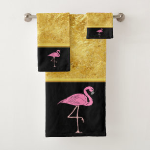 Conjunto De Toalhas Flamingos cor-de-rosa com textura dourada 3