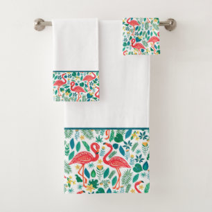 Conjunto De Toalhas Flamingos cor-de-rosa e padrão das flores tropicai