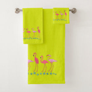 Conjunto De Toalhas Flamingos e Estrelas do Mar Brilhando Chartreuse
