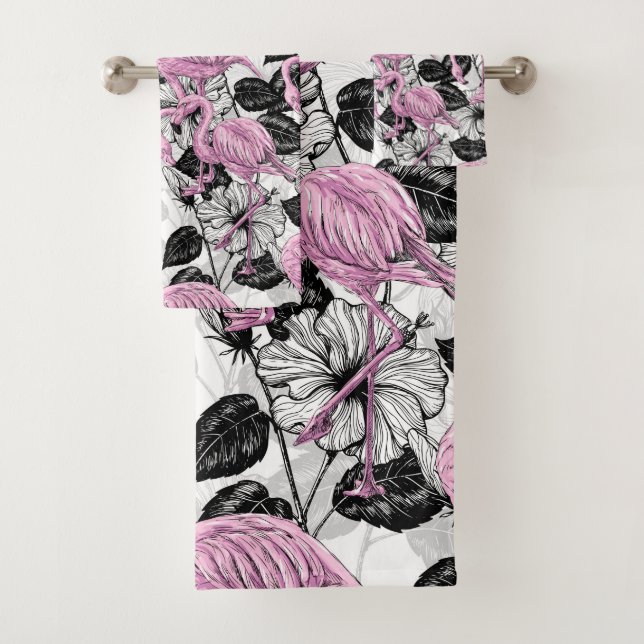 Conjunto De Toalhas Flamingos e flores de hibisco (Insitu)