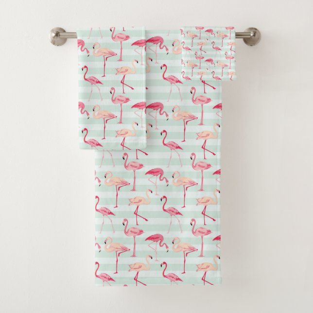 Conjunto De Toalhas Flamingos retros em listras da hortelã (Insitu)