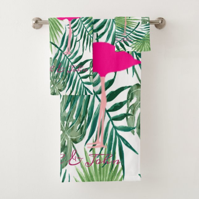 Conjunto De Toalhas Flamingos Rosa Adoráveis Apaixonados, Folhas de Pa (Insitu)