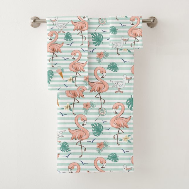 Conjunto De Toalhas Flamingos Rosa e Gaivotas (Insitu)