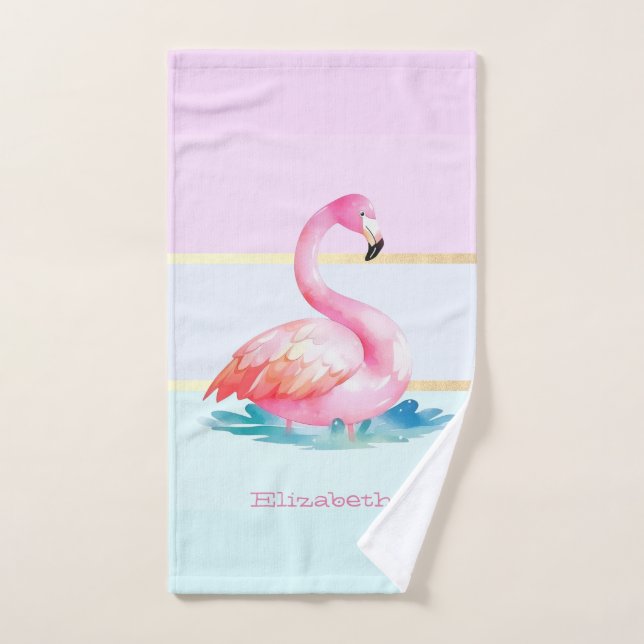 Conjunto De Toalhas Flamingos Rosa Listras Pastel Modernas (Toalha de mão)