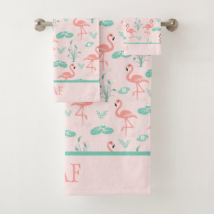 Conjunto De Toalhas Flamingos Rosa Monograma Folhas de Palmeira Verde