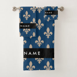 Conjunto De Toalhas Fleur de Lis, Bege sobre Azul Marinho, Real, Seu N