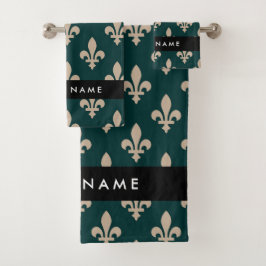 Conjunto De Toalhas Fleur de Lis, Beige on Green, Royal, Your Name