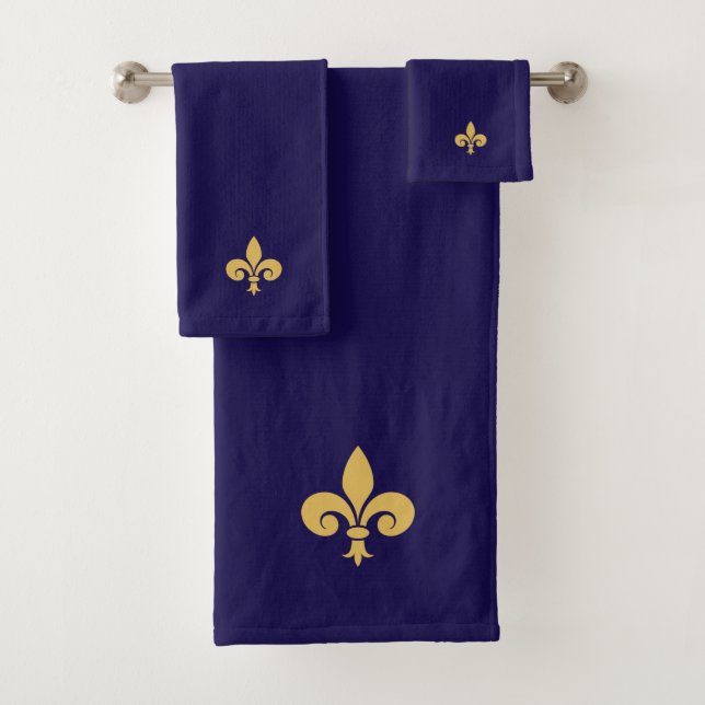 Conjunto De Toalhas Fleur de Lis Dourada em Azul Marinho (Insitu)