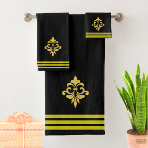 Conjunto De Toalhas Fleur de Lis Dourada Personalizada, Três Listras e