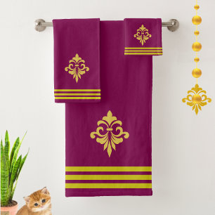 Conjunto De Toalhas Fleur de Lis Dourada, Três Listras em Marrom