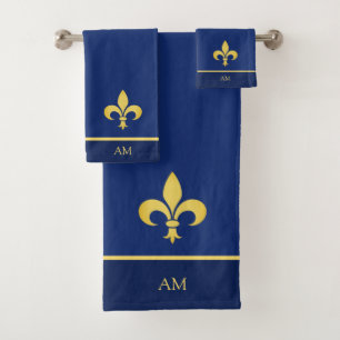 Conjunto De Toalhas Fleur de Lis e Monograma Dourados em Azul Marinho