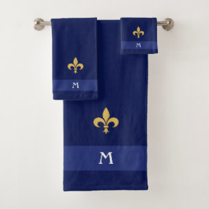 Conjunto De Toalhas Fleur-de-Lis e Monograma Dourados em Azul Marinho