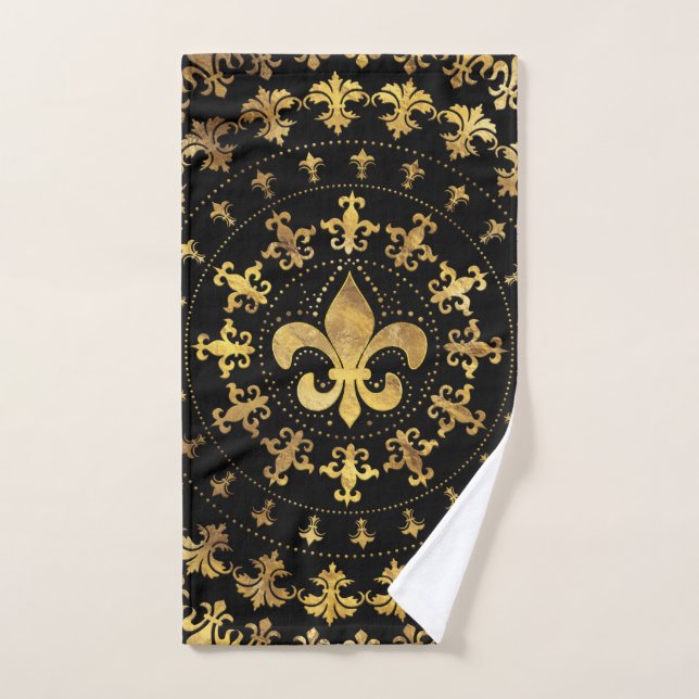 Conjunto De Toalhas Fleur-de-lis - ornamento circular - Dourado e pret (Toalha de mão)