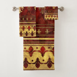 Conjunto De Toalhas Fleur-de-lis Red Marble e Dourado