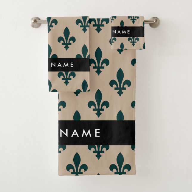 Conjunto De Toalhas Fleur de Lis, Verde sobre Bege, Real, Seu Nome (Insitu)