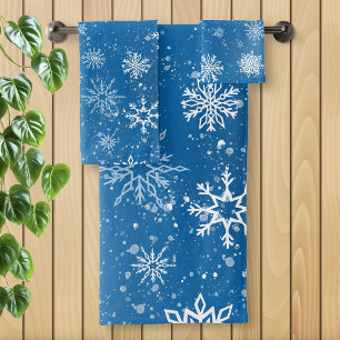 Conjunto De Toalhas Flocos de Neve Azuis Clássico Inverno Branco