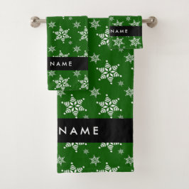 Conjunto De Toalhas Flocos de neve brancos, verdes, seu nome, personal