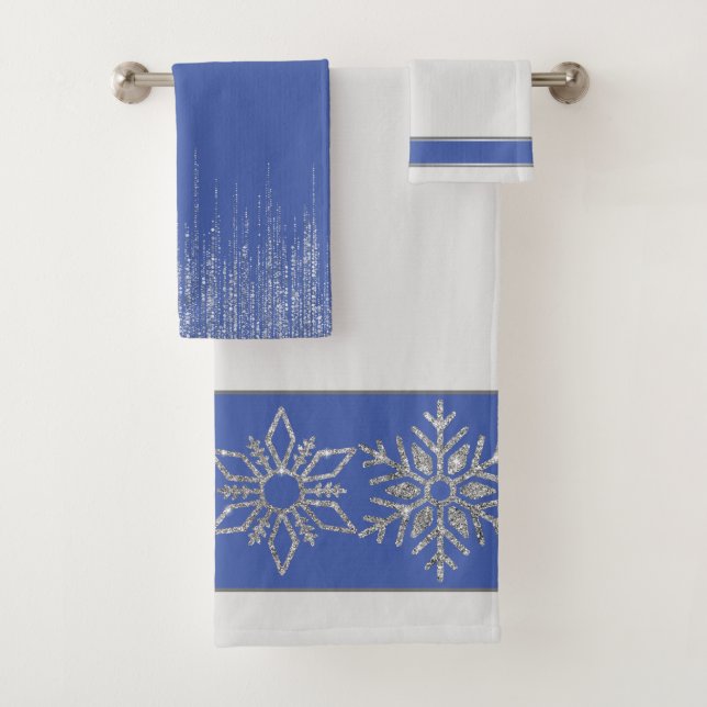 Conjunto De Toalhas Flocos de neve de prata de Natal com azul branco (Insitu)